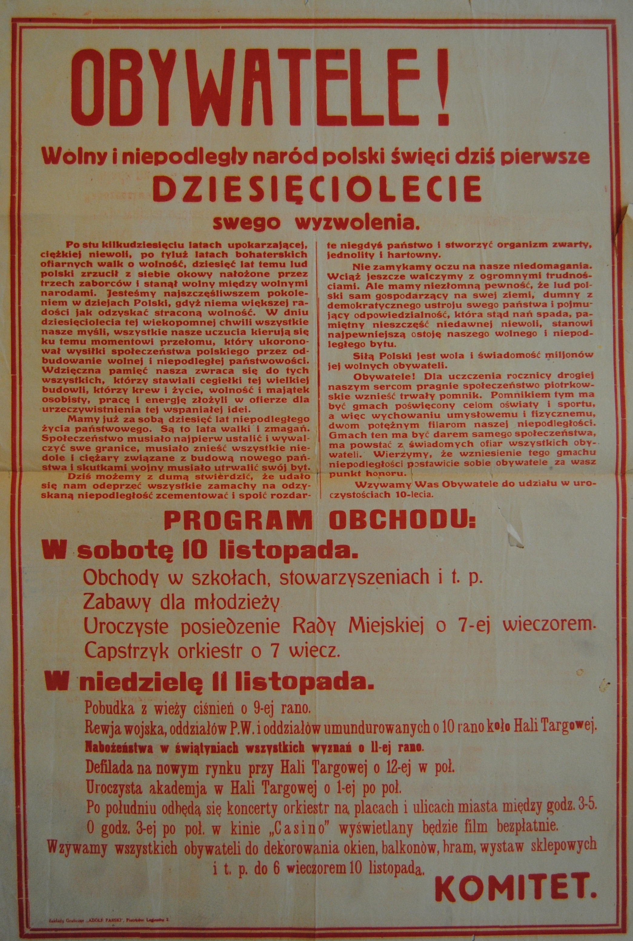 Plakat 10-11 listopada 1928 r.
